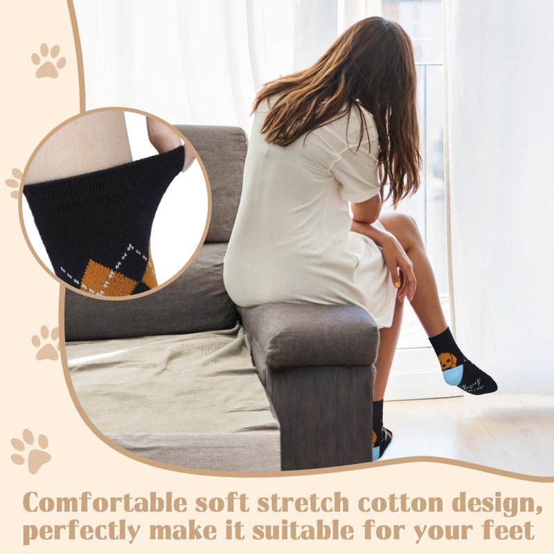 YSense Womens Cute Animal Painting Socks 5 Pairs, Funny and Cool 100% Cotton Art Dog Cat Socks for Women, Black & brown & yellow & blue & gray - Image 5